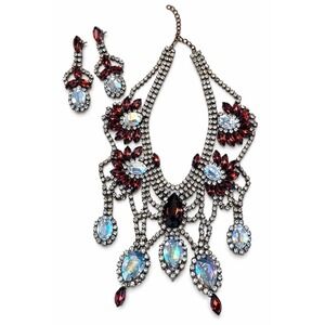 Vintage Bijoux MG Czech Glass Rhinestone Statement Bib Necklace Earrings Aurora